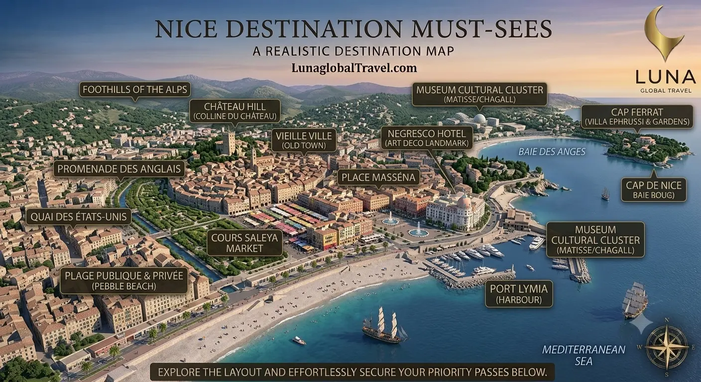 Nice & French Riviera Must-Sees - Realistic Destination Map by Luna Global Travel