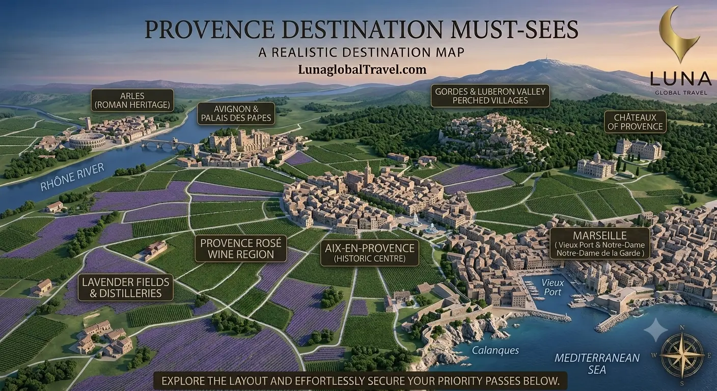 Provence Must-Sees - Realistic Destination Map by Luna Global Travel